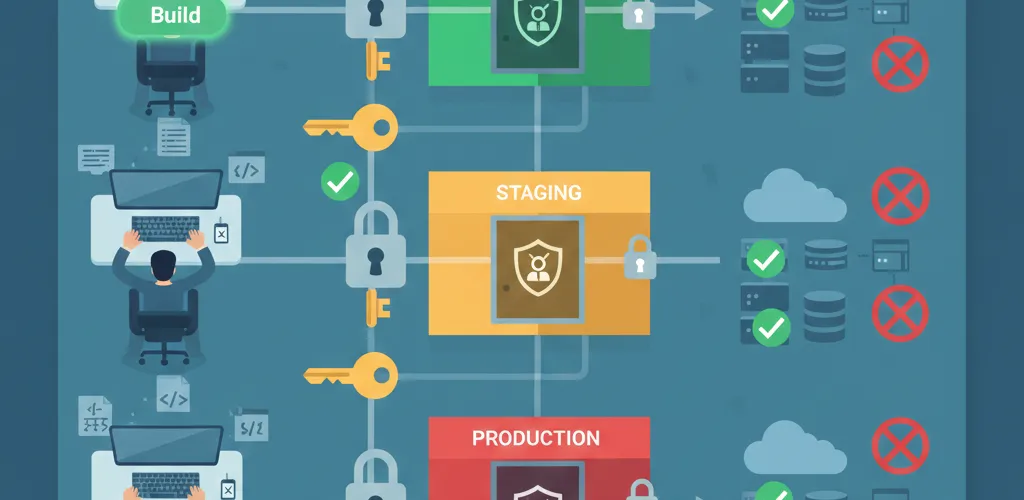 Blog post image for Securing CI/CD with IAM Roles - How to scope IAM roles per environment (dev, staging, production) in a CI/CD pipeline so each stage only gets the permissions it needs, cutting the blast radius if credentials leak or a build step misbehaves.