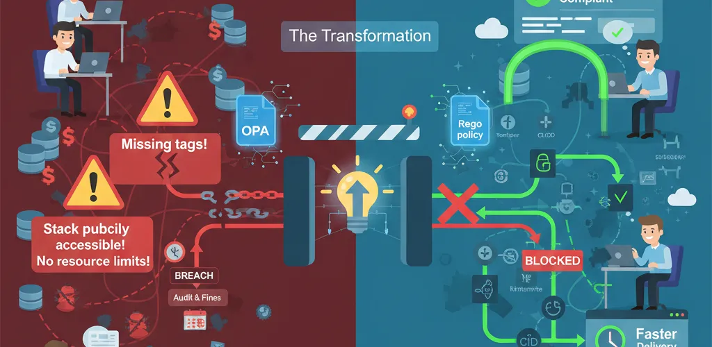 Blog post image for Policy-as-Code Governance with OPA/Rego - How Open Policy Agent enforces infrastructure standards automatically: writing policies in Rego, wiring them into Terraform and Kubernetes, and blocking non-compliant changes in CI/CD before they merge.